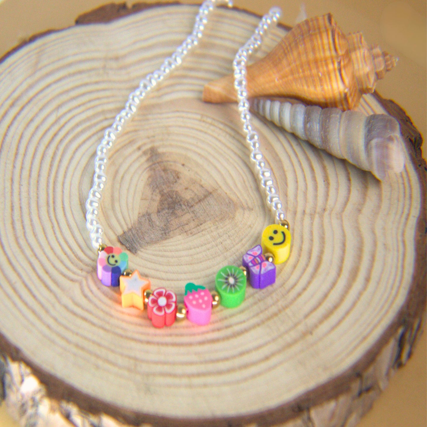 17.5in Stainless Steel Pearl Necklace with Fimo Beads Assorted Designs