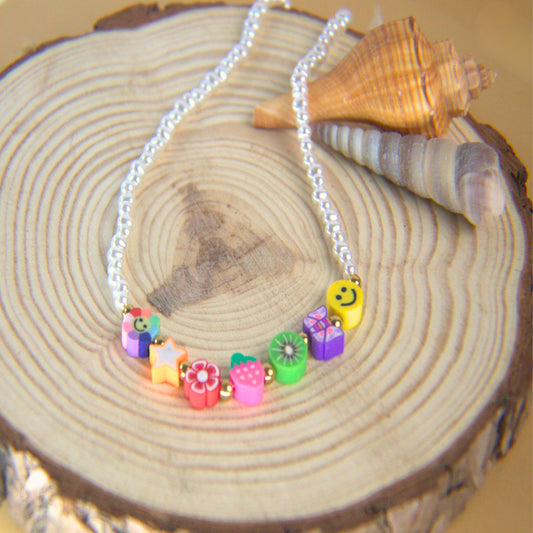 17.5in Stainless Steel Pearl Necklace with Fimo Beads Assorted Designs