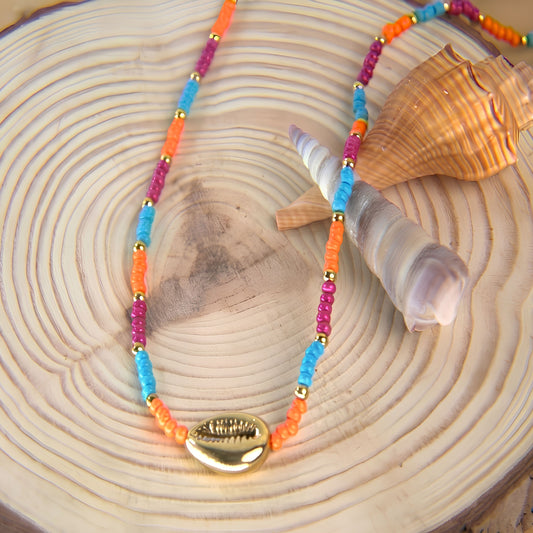 17.5in Colorfull Seed Beads Necklace with Cowrie Shell Golden Connector