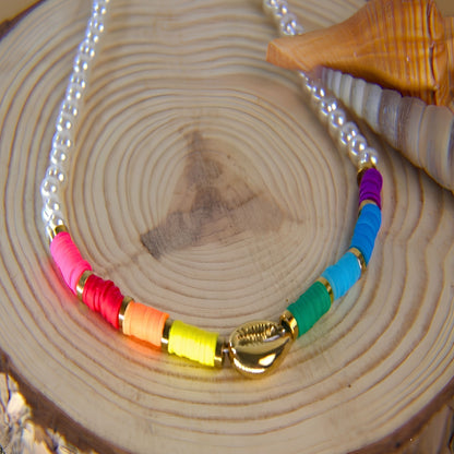 17.5in Adjustable Glass Pearl and Colorfull Fimo Beads Necklace with Cowrie Shell Connector