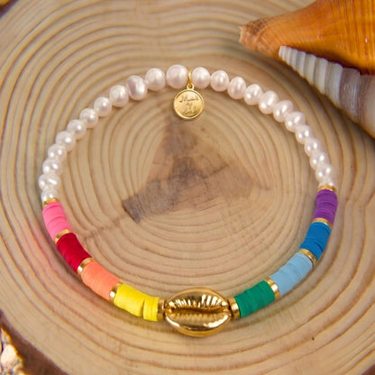 7 Inch Adjustable Glass Pearl and Colorfull Fimo Beads Bracelet with Cowrie Shell