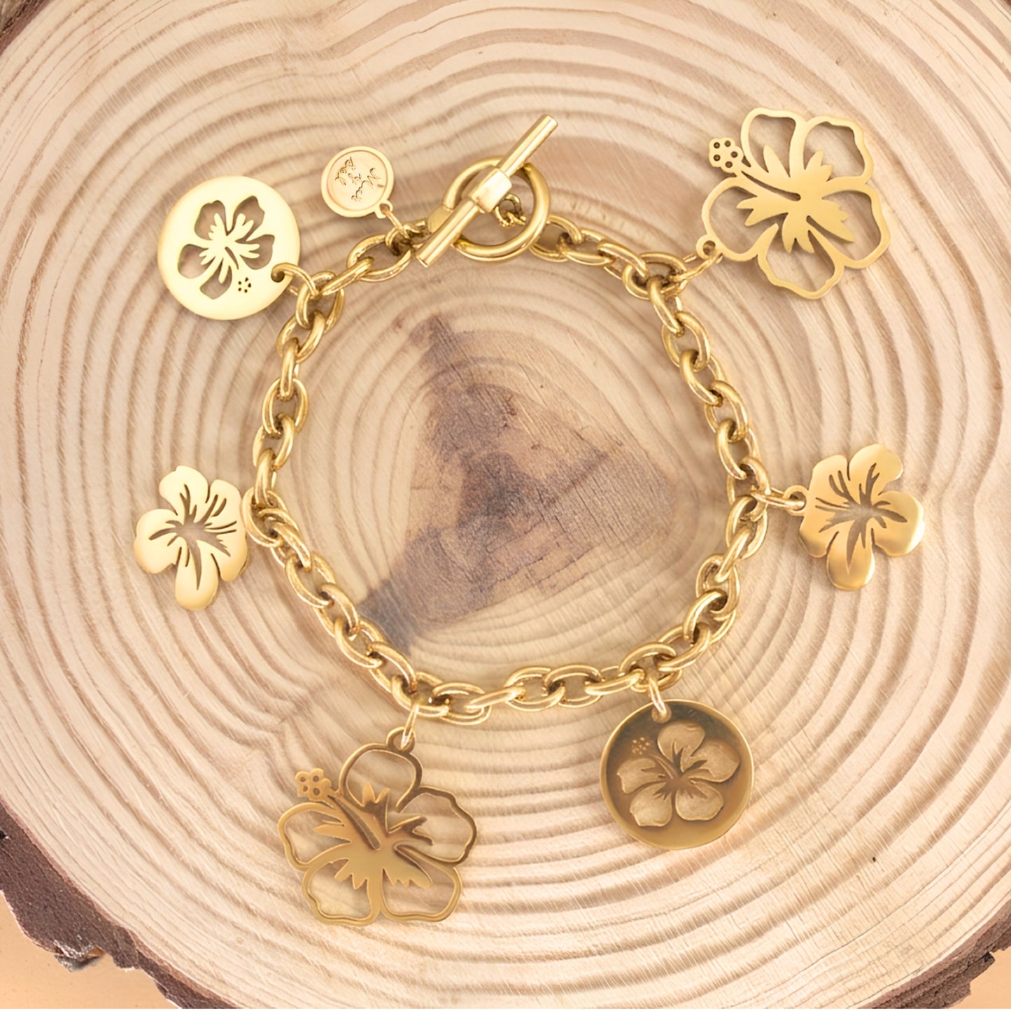 7 Inch Golden Chain Link Bracelet with Assortment of Amapola Charms