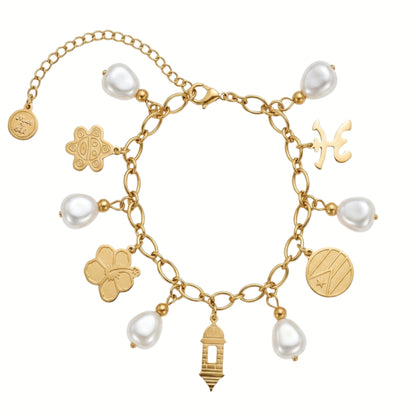 7 Inch Golden Chain Bracelet with Glass Pearls and Puerto Rico Charms