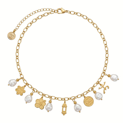 17.5in Golden Chain Necklace with Glass Pearls and Puerto Rico Charms