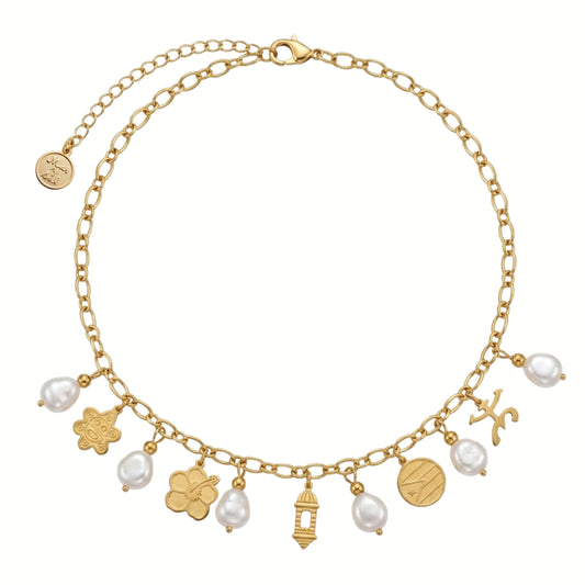 17.5in Golden Chain Necklace with Glass Pearls and Puerto Rico Charms