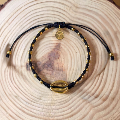 7 Inch Black Adjustable Braided Bracelet with Golden Beads & Golden Cowrie Shell