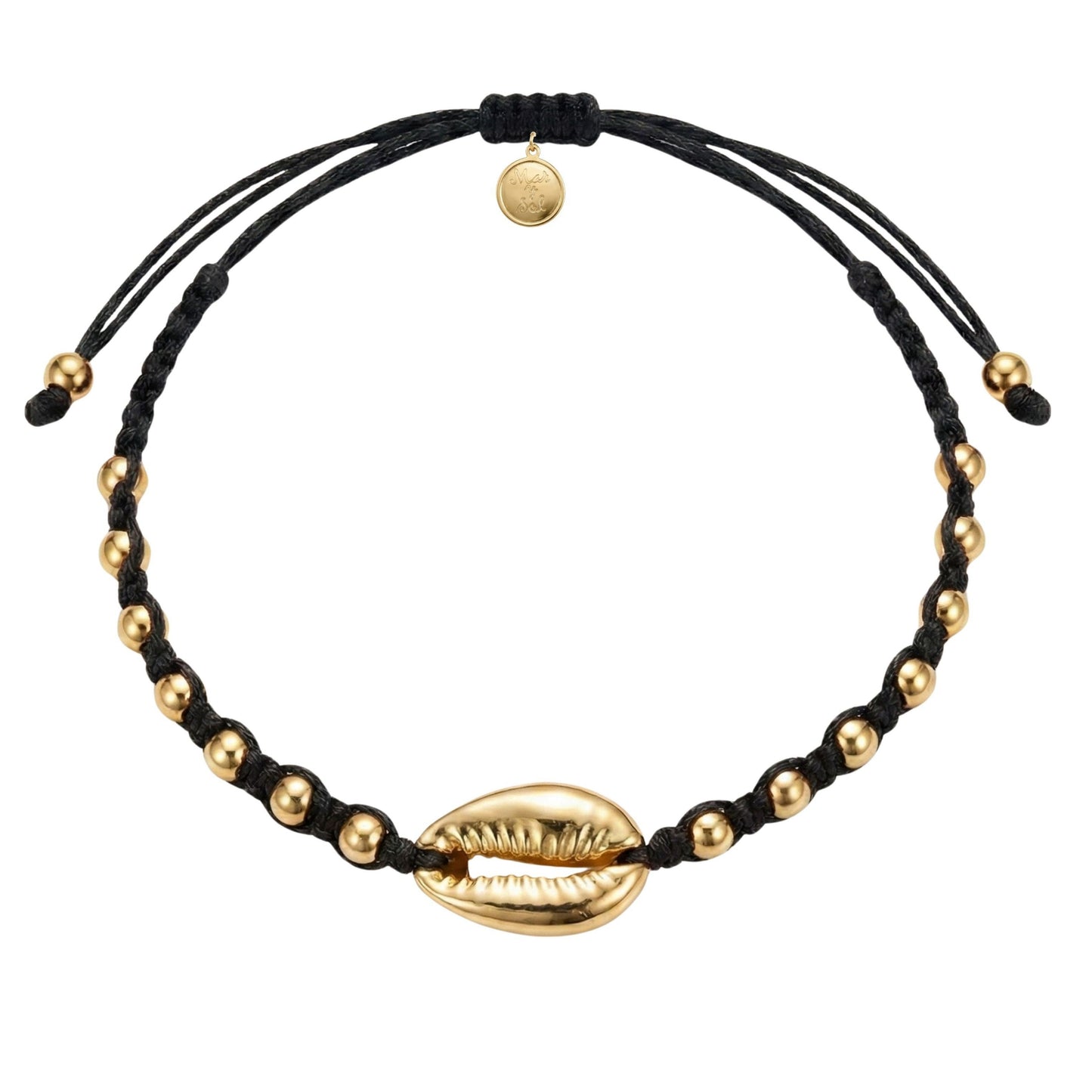 7 Inch Black Adjustable Braided Bracelet with Golden Beads & Golden Cowrie Shell