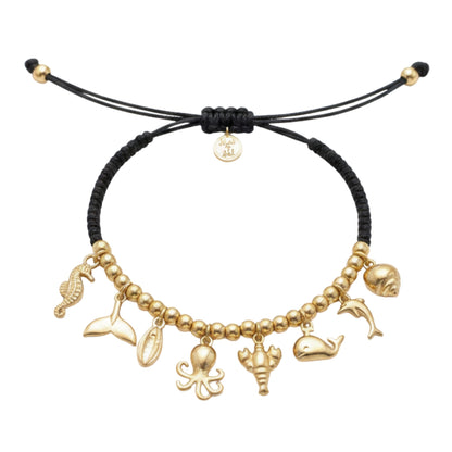 7 Inch Black Adjustable Braided Bracelet with Golden Sea Life Charms