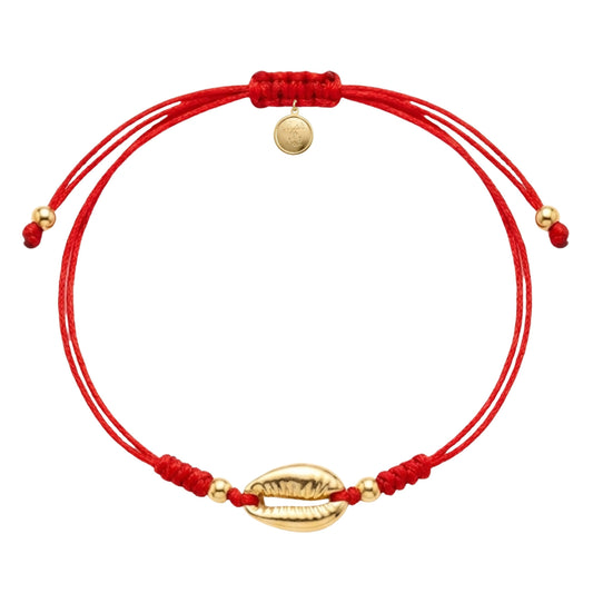 7 Inch Red Adjustable Braided Bracelet with Golden Cowrie Shell