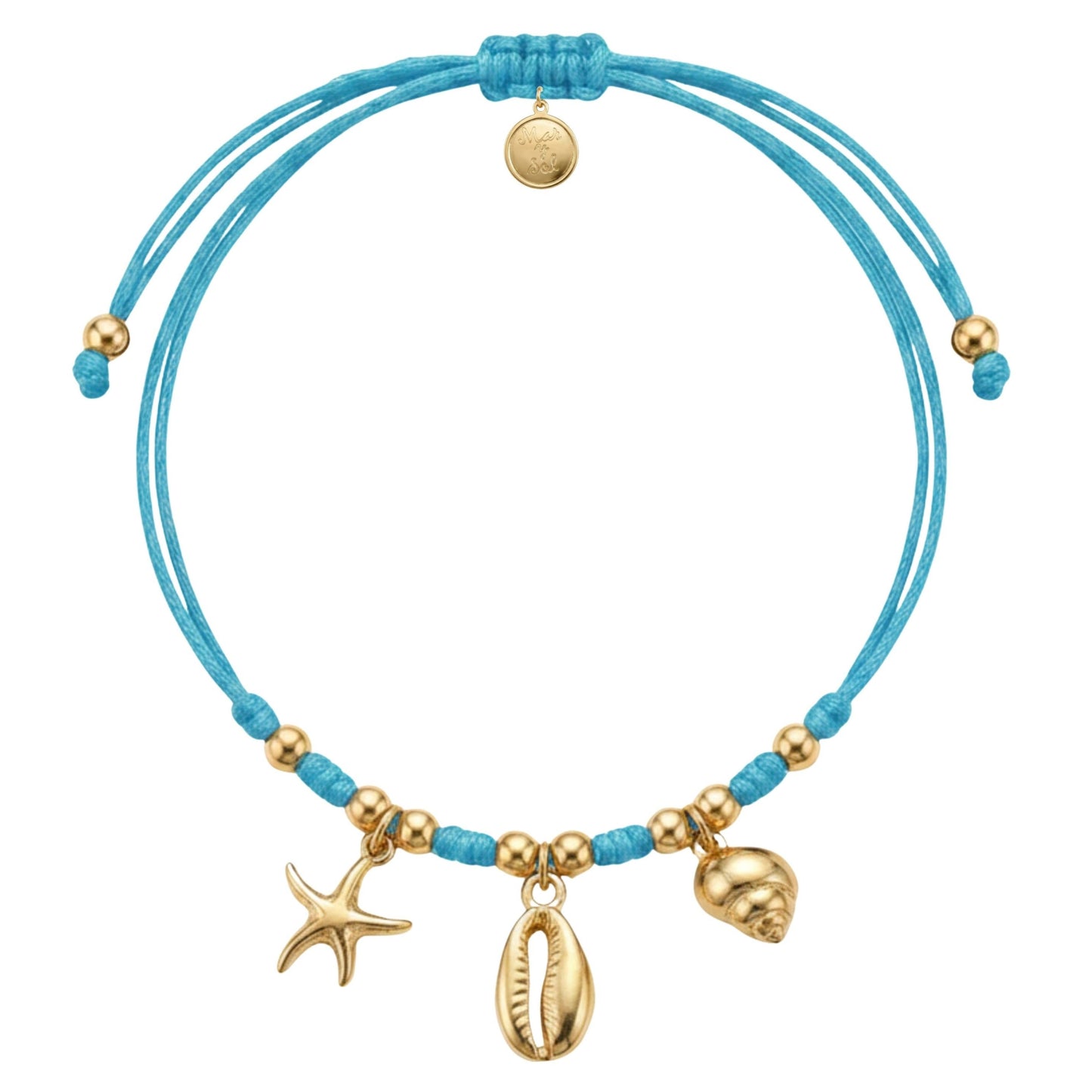 7 Inch Blue Adjustable Braided Bracelet with Golden Beads & Sea Life Charms