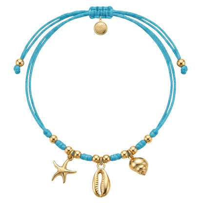 7 Inch Blue Adjustable Braided Bracelet with Golden Beads & Sea Life Charms