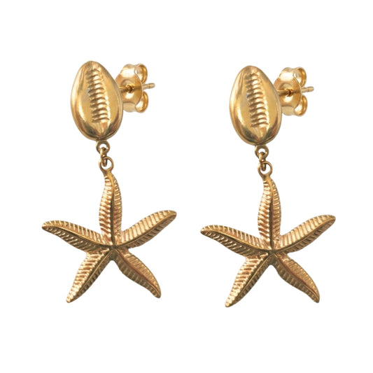 Sea Life Golden Earrings with Sea Star and Cowrie Shell