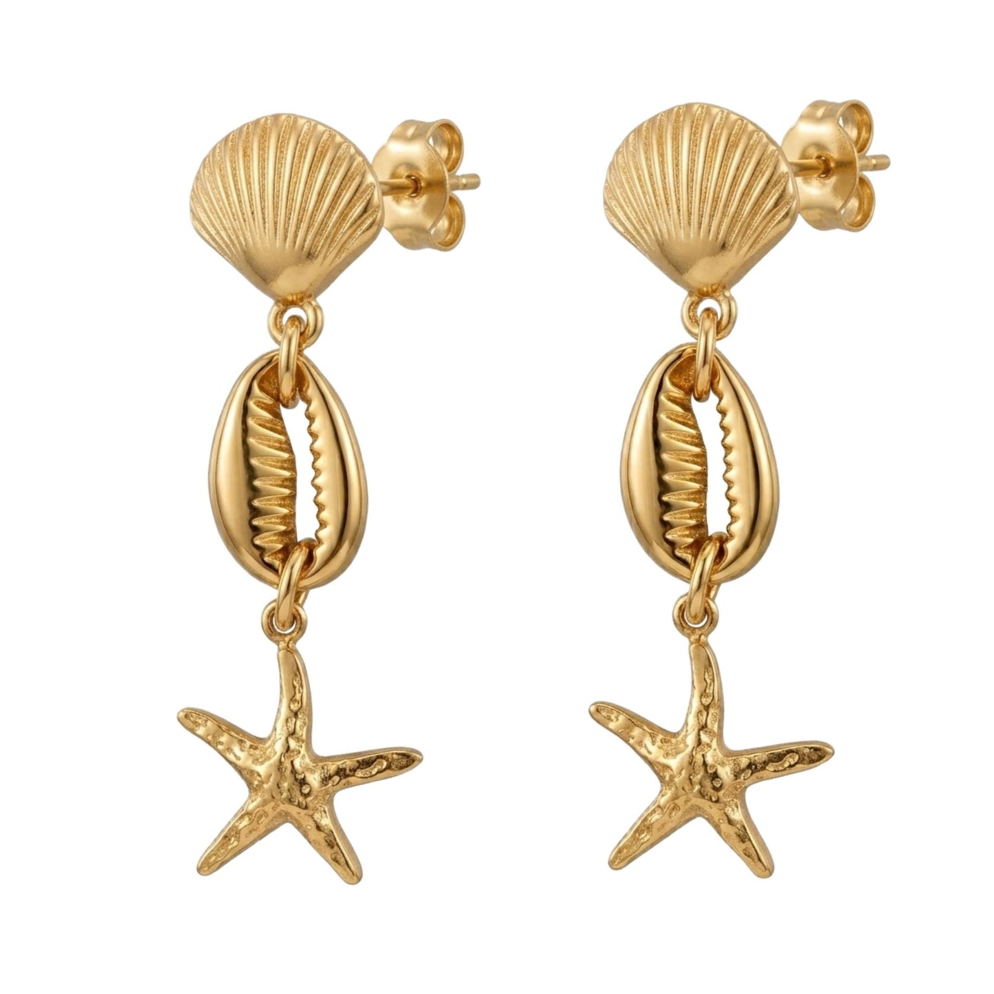 Sea Life Golden Earrings with Sea Shell Base, Cowrie Shell & Sea Star Charm