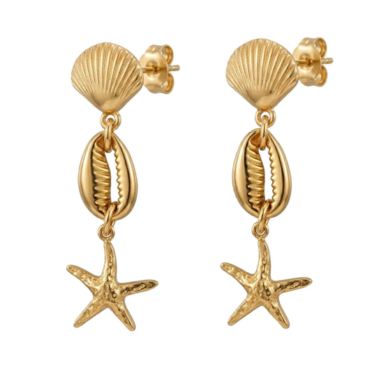 Sea Life Golden Earrings with Sea Shell Base, Cowrie Shell & Sea Star Charm
