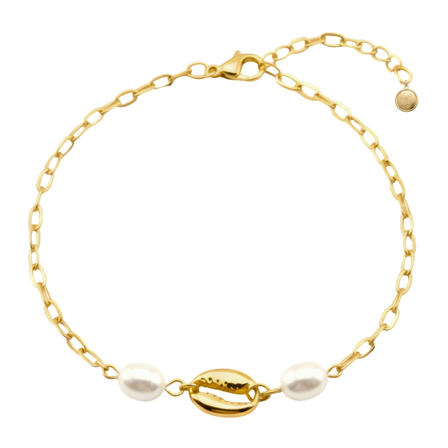 7 Inch Golden Chain Bracelet with Glass Pearls and Golden Cowrie Shell