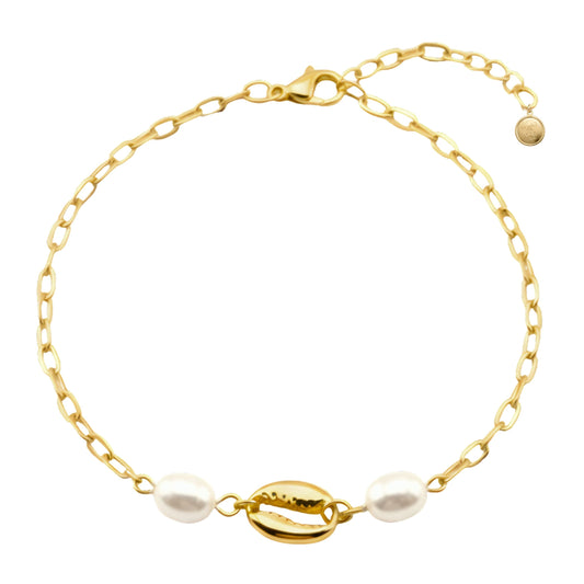7 Inch Golden Chain Bracelet with Glass Pearls and Golden Cowrie Shell