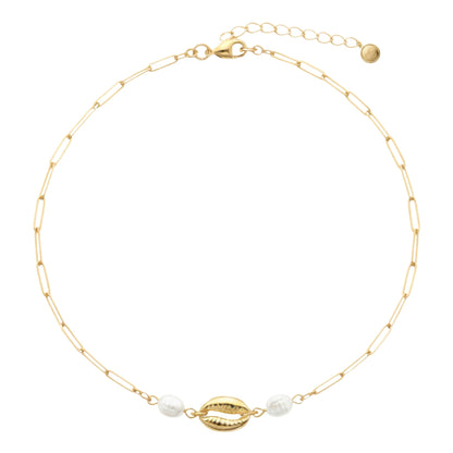 17.5in Golden Chain Necklace with Glass Pearls and Cowrie Shell