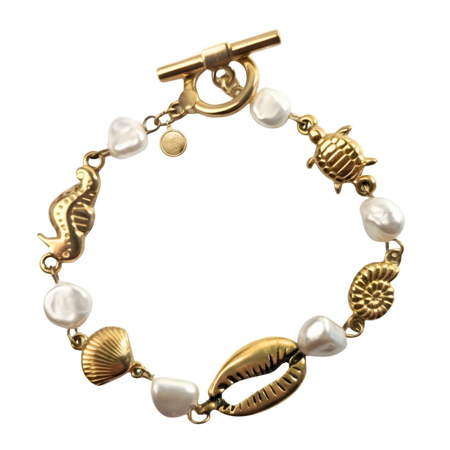 7 Inch Golden Bracelet with Sea Life Connectors and Glass Pearls