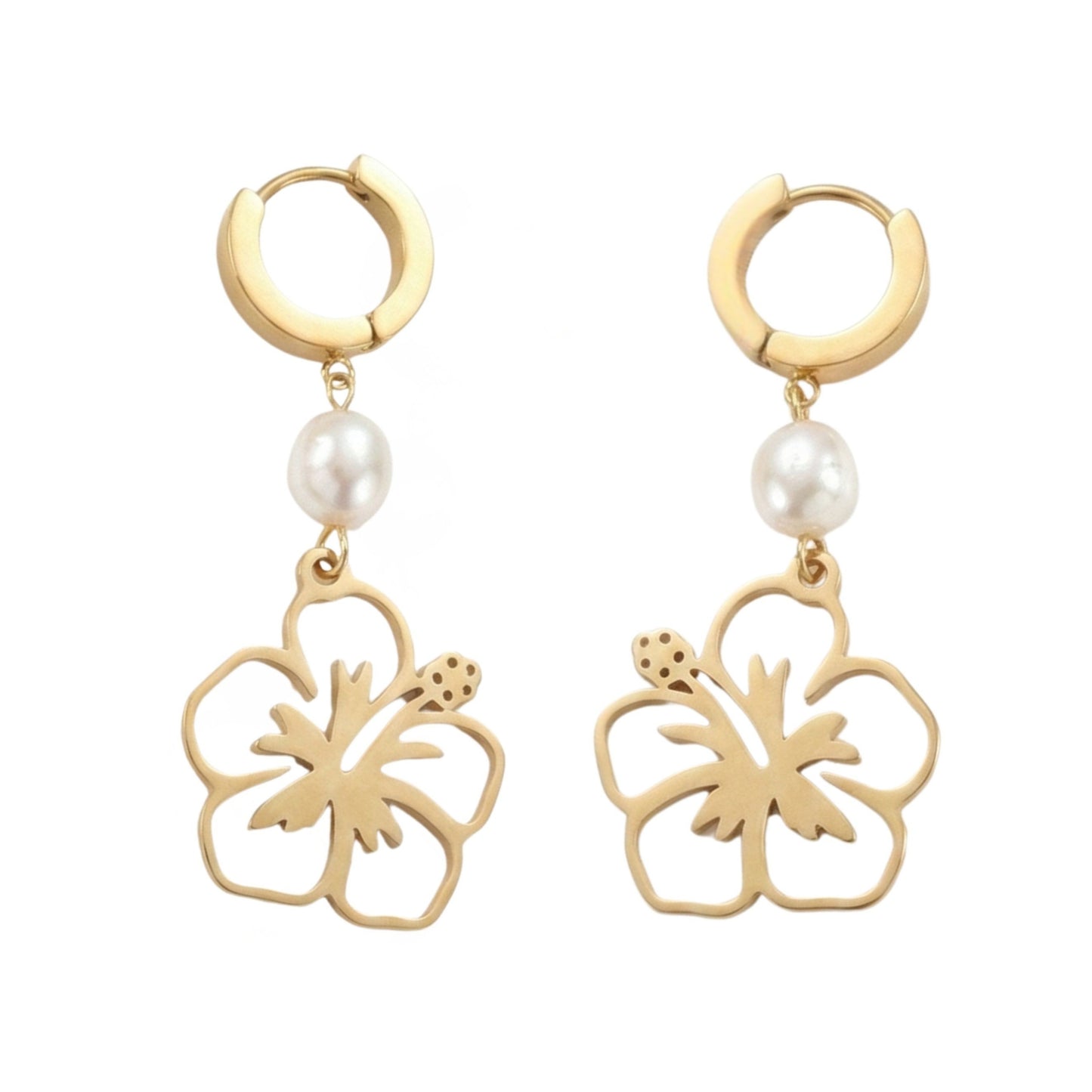 Stainless Steel Golden Earrings with Glass Pearls & Amapola Charms