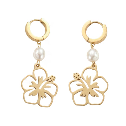 Stainless Steel Golden Earrings with Glass Pearls & Amapola Charms