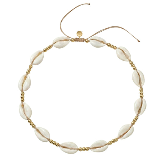 17.5in Adjustable Necklace with Stainless Steel Beads and White Cowrie Shells