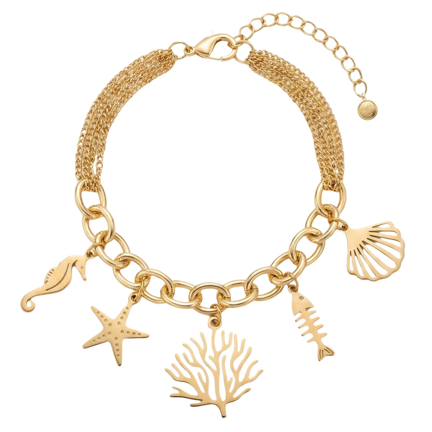 7 Inch Triple Chain Golden Bracelet with Big Chain Links and Golden Sea Life Charm Assortment