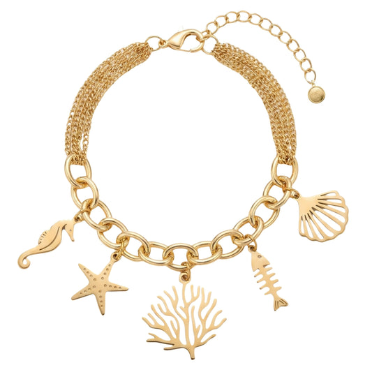 7 Inch Triple Chain Golden Bracelet with Big Chain Links and Golden Sea Life Charm Assortment