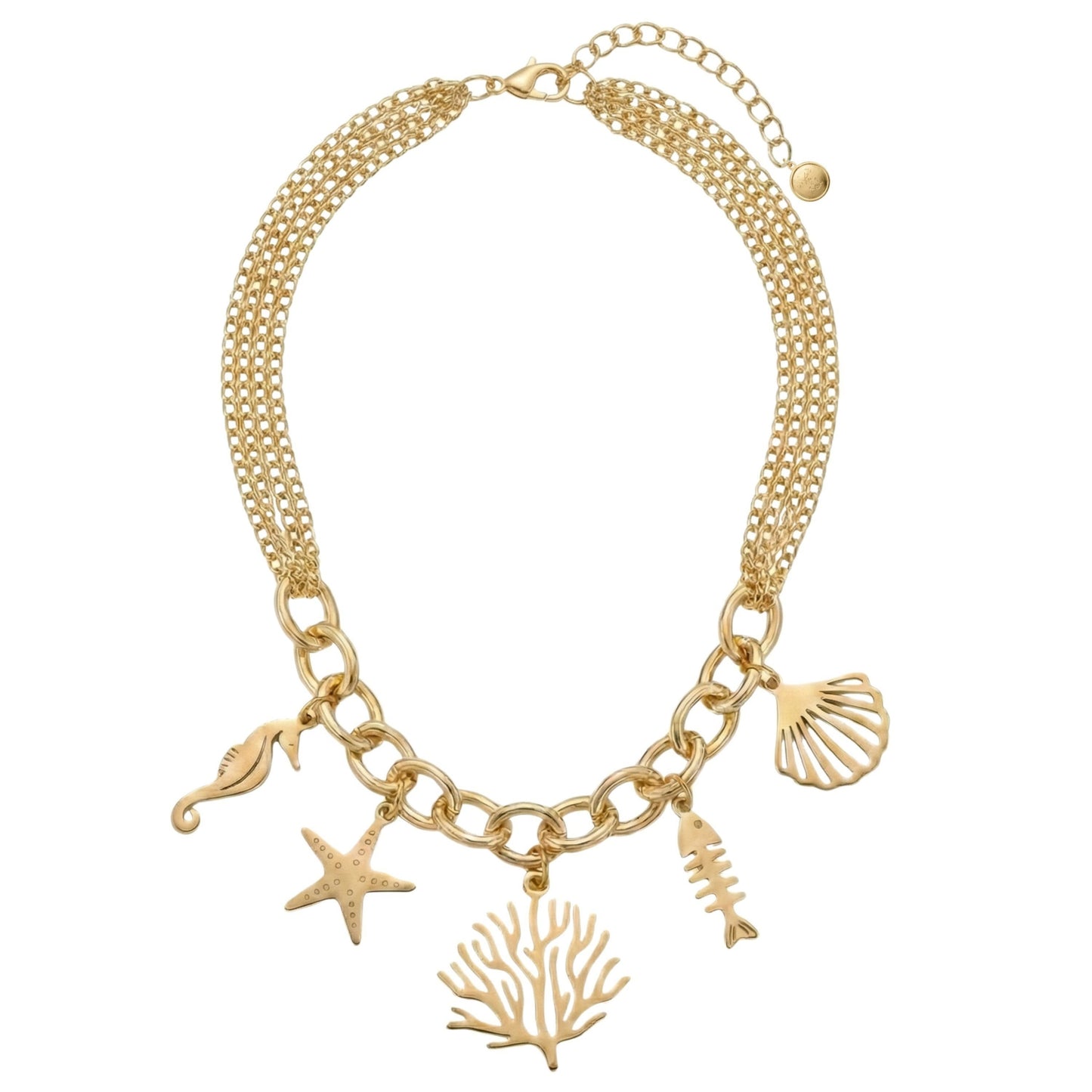 17.5in Triple Chain Golden Necklace with Big Chain Links and Golden Sea Life Charm Assortment