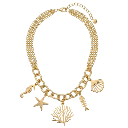 17.5in Triple Chain Golden Necklace with Big Chain Links and Golden Sea Life Charm Assortment