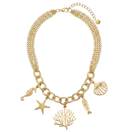 17.5in Triple Chain Golden Necklace with Big Chain Links and Golden Sea Life Charm Assortment