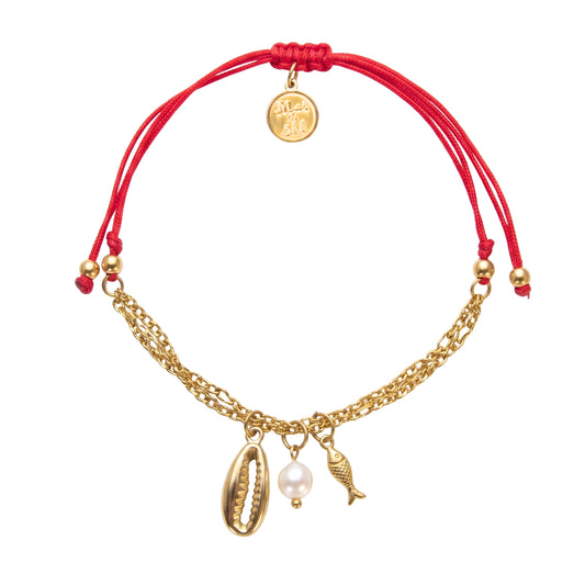 7 Inch Red Adjustable Braided Bracelet with Stainless Steel Golden Triple Chain, Sea Life Charms and Glass Pearl