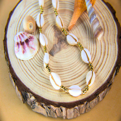 17.5in Adjustable Necklace with Stainless Steel Beads and White Cowrie Shells