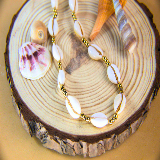 17.5in Adjustable Necklace with Stainless Steel Beads and White Cowrie Shells