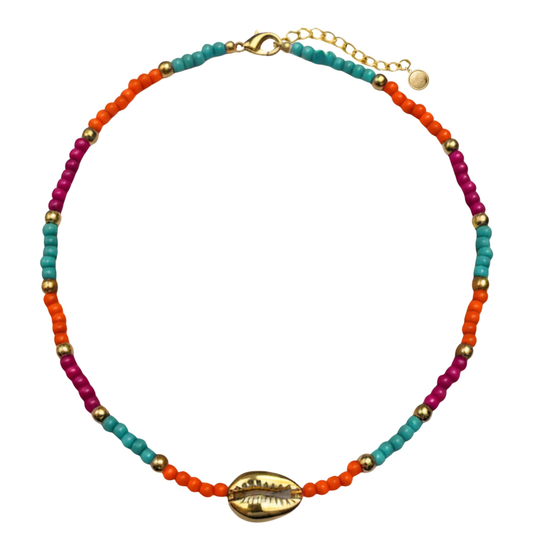 17.5in Colorfull Seed Beads Necklace with Cowrie Shell Golden Connector