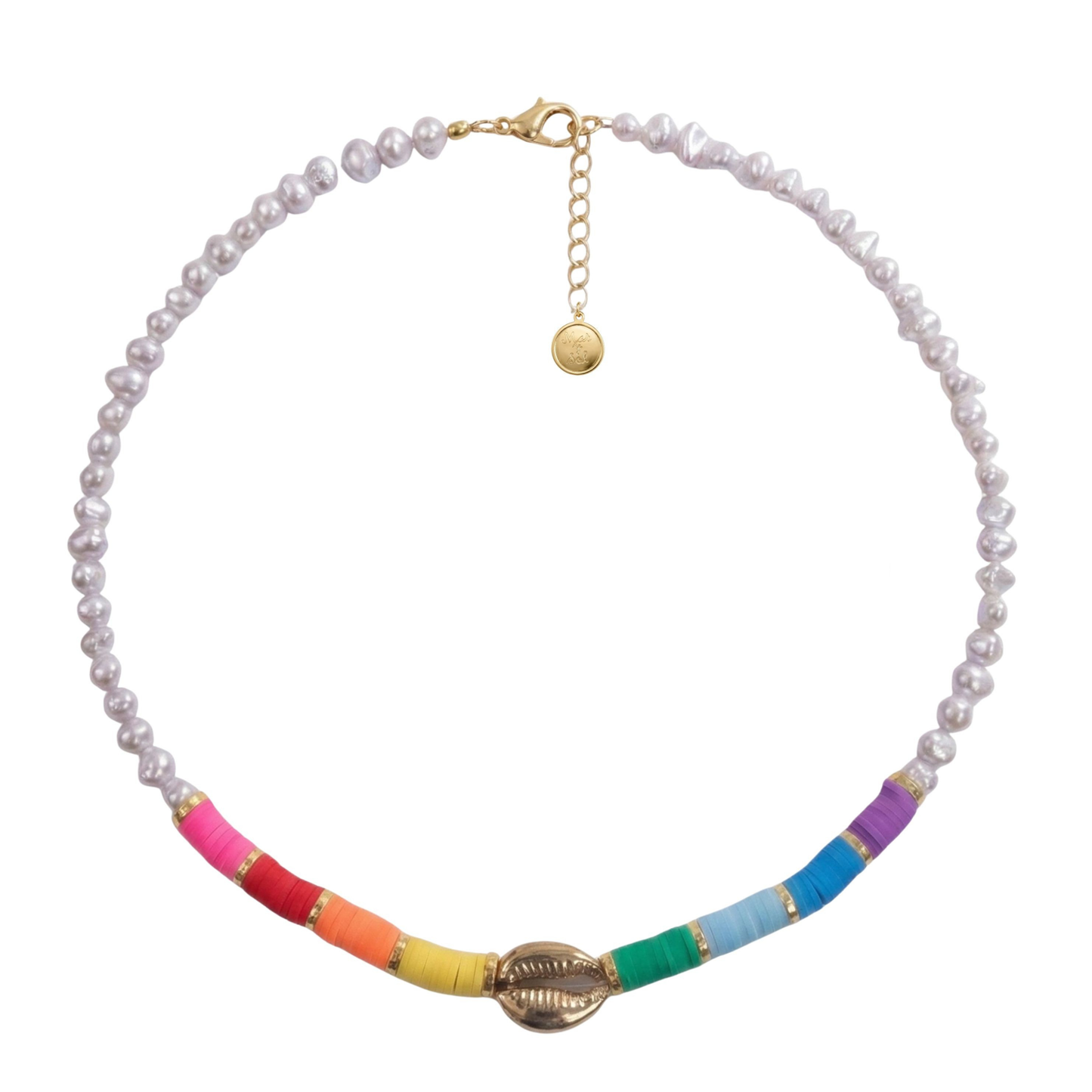 17.5in Adjustable Glass Pearl and Colorfull Fimo Beads Necklace with Cowrie Shell Connector