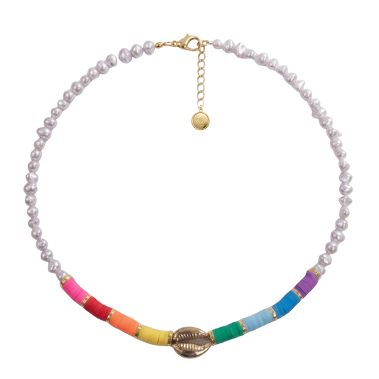 17.5in Adjustable Glass Pearl and Colorfull Fimo Beads Necklace with Cowrie Shell Connector