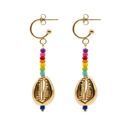 Stainless Steel Cowrie Shell Earrings with Seed Beads