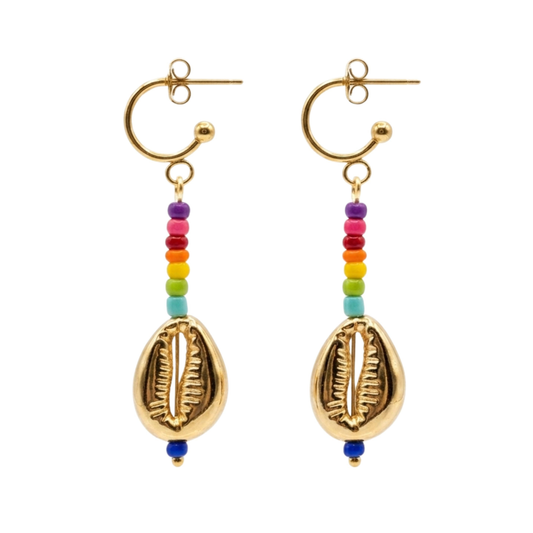 Stainless Steel Cowrie Shell Earrings with Seed Beads